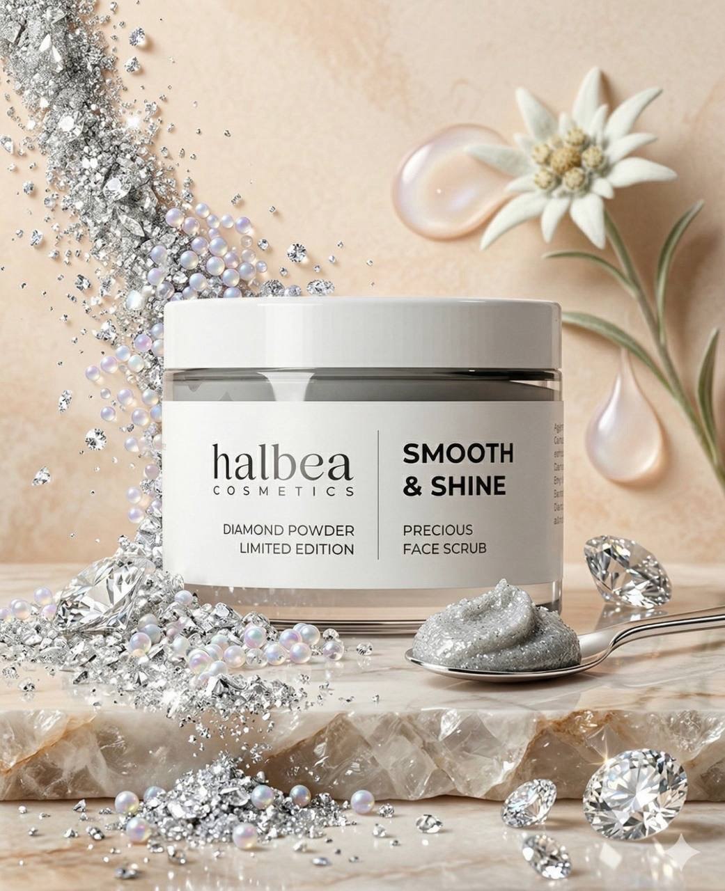 Halbea Cosmetics Diamond Glow Limited Edition Gesichtsscrub Peeling 'Smooth&Shine' mit Diamantpulver 50ml für strahlende Haut