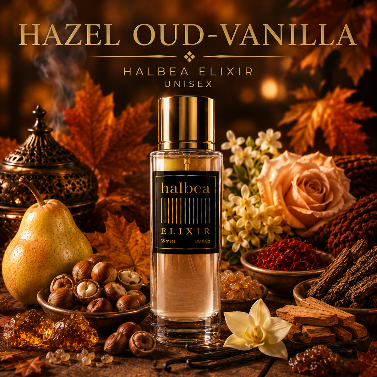 Hazel Oud-Vanilla - Halbea 255 - Luxus Unisex Elixir - Warmer Duft mit Birne Haselnuss Safran Vanille