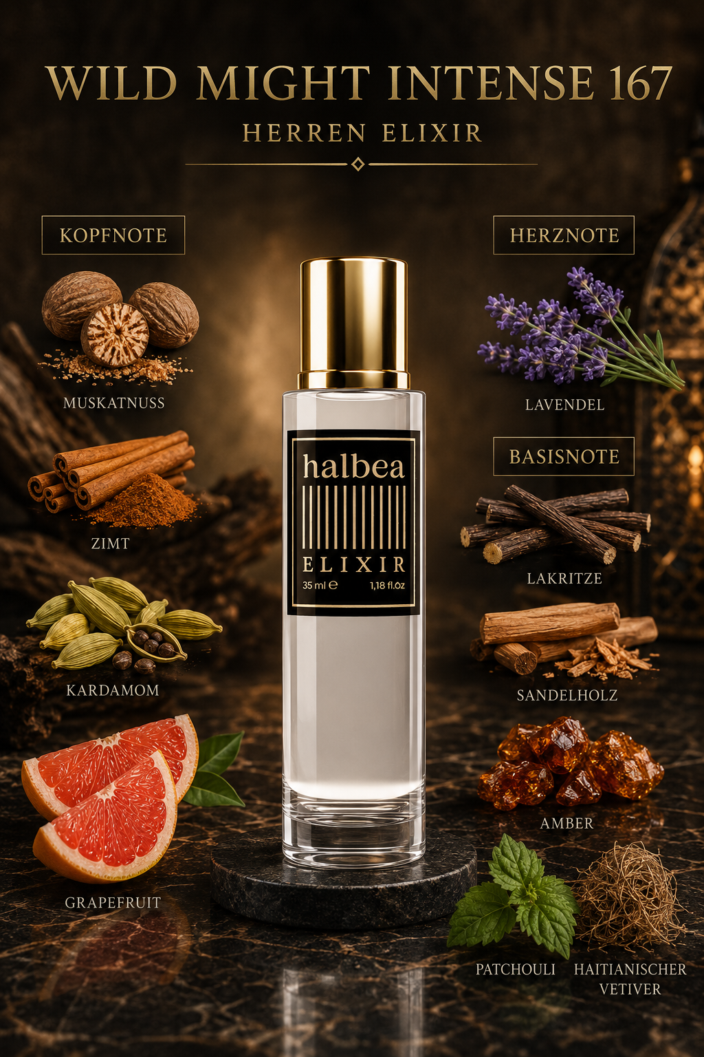 Wild Might Intense - Halbea 167 - Luxus Herren Elixir - Würzig · Holzig · Orientalisch