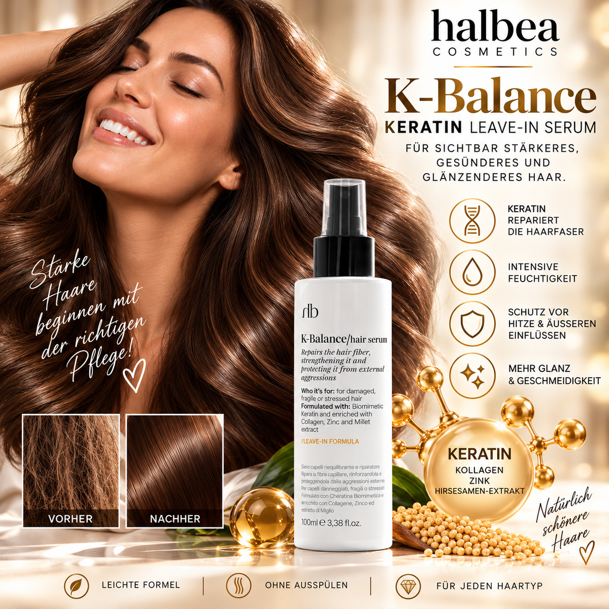 Halbea - K-Balance - Leave-In Haarserum Pflege mit Keratin + Kollagen - vegan