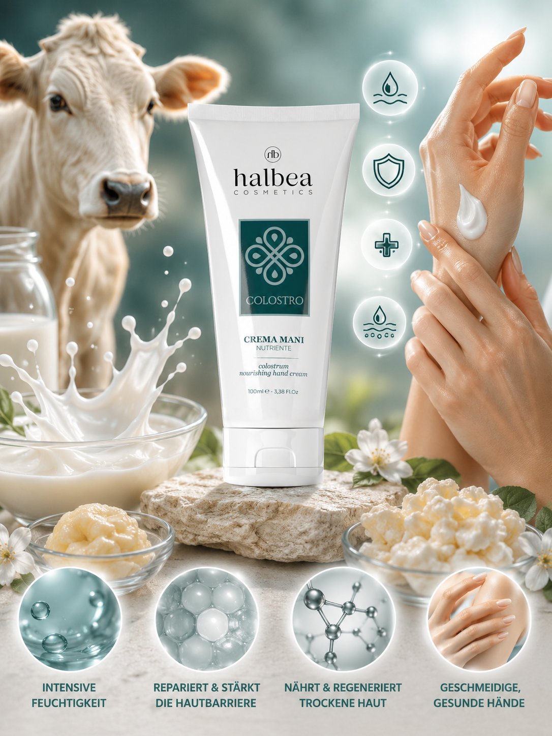 Halbea Colostro Handcreme – Nährende Pflege für beanspruchte Hände mit Kolostrum & Hyaluronsäure - 100ml