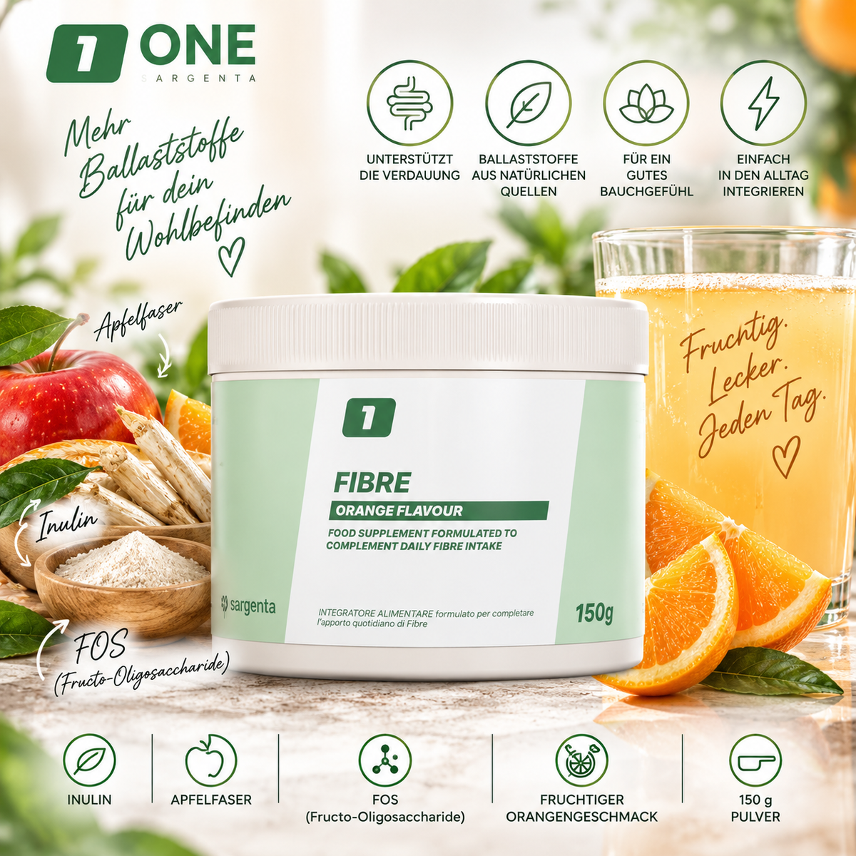ONE Supplements - Fibre Ballaststoff-Komplex Darm Unterstützung mit Inulin Apfelfaser und FOS - Orangengeschmack
