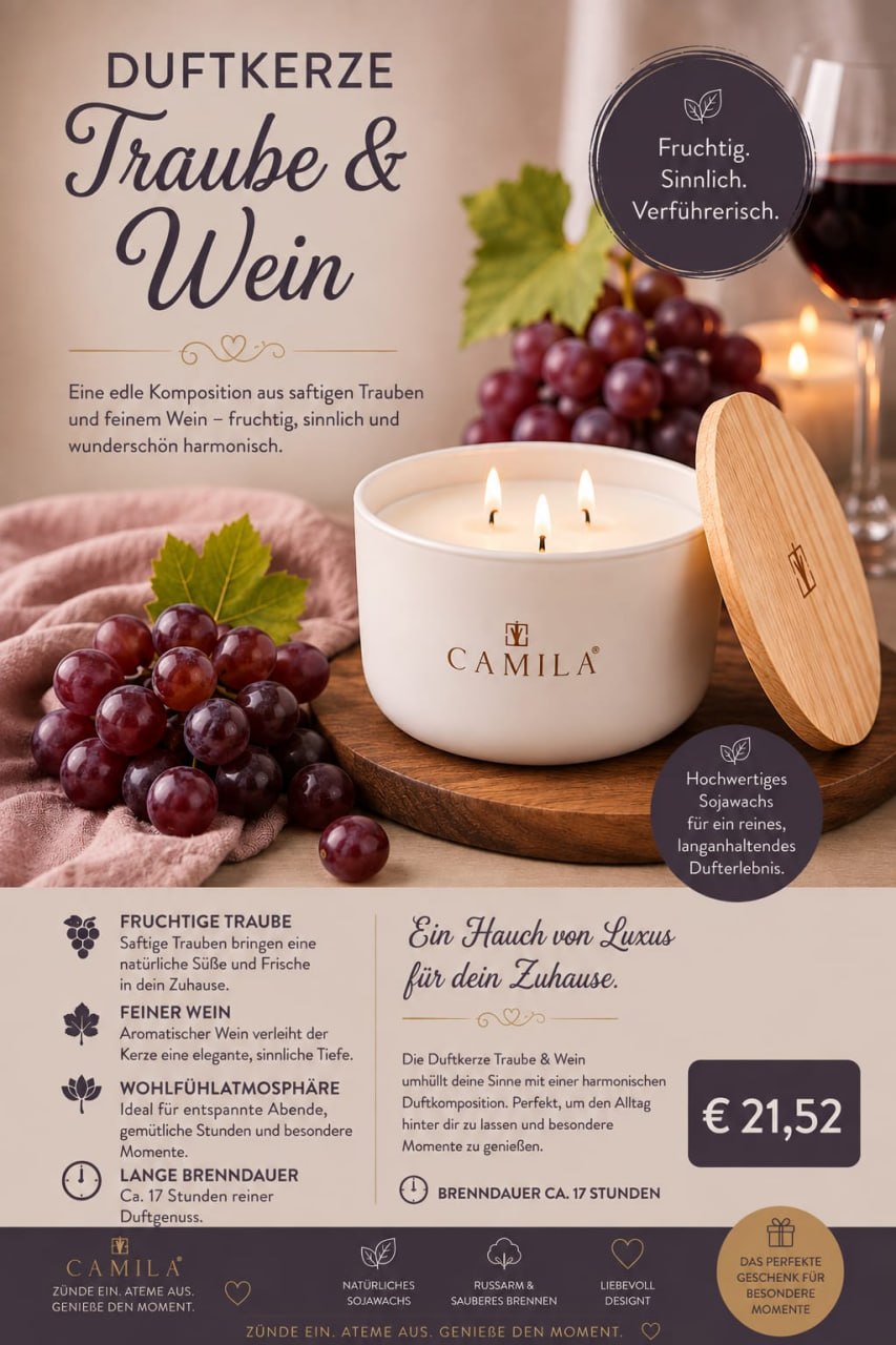 Camila - Edle 3-Docht Duftkerzen 170g Home Accessoires für gemütliche Abende
