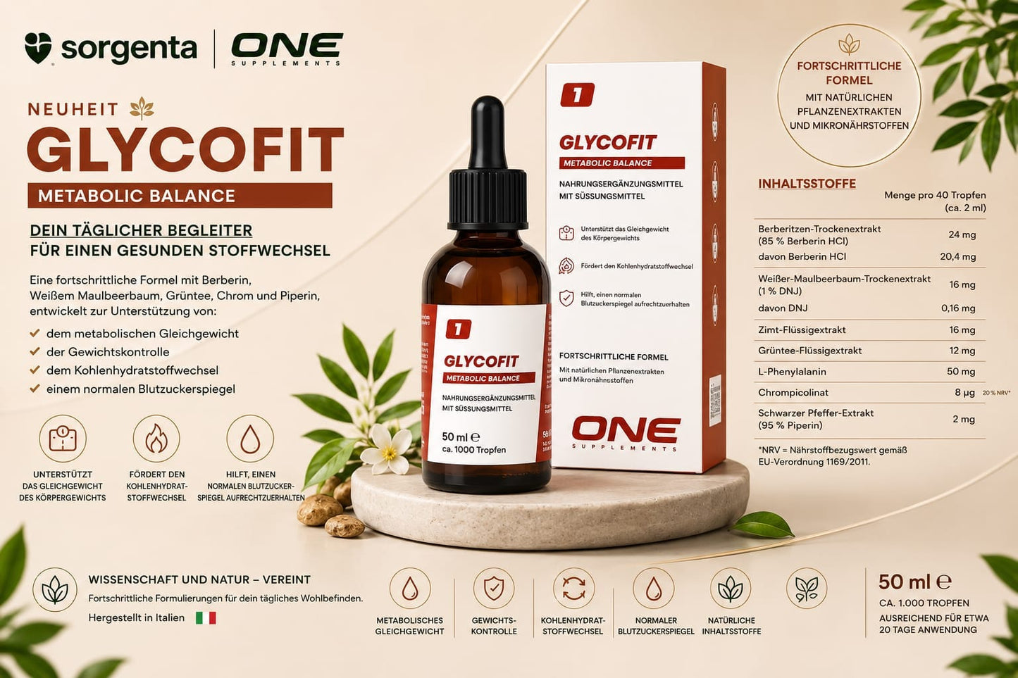ONE Glycofit Metabolic Balance – Berberin-Komplex für Stoffwechsel & Blutzucker – 50 ml / ca. 1000 Tropfen