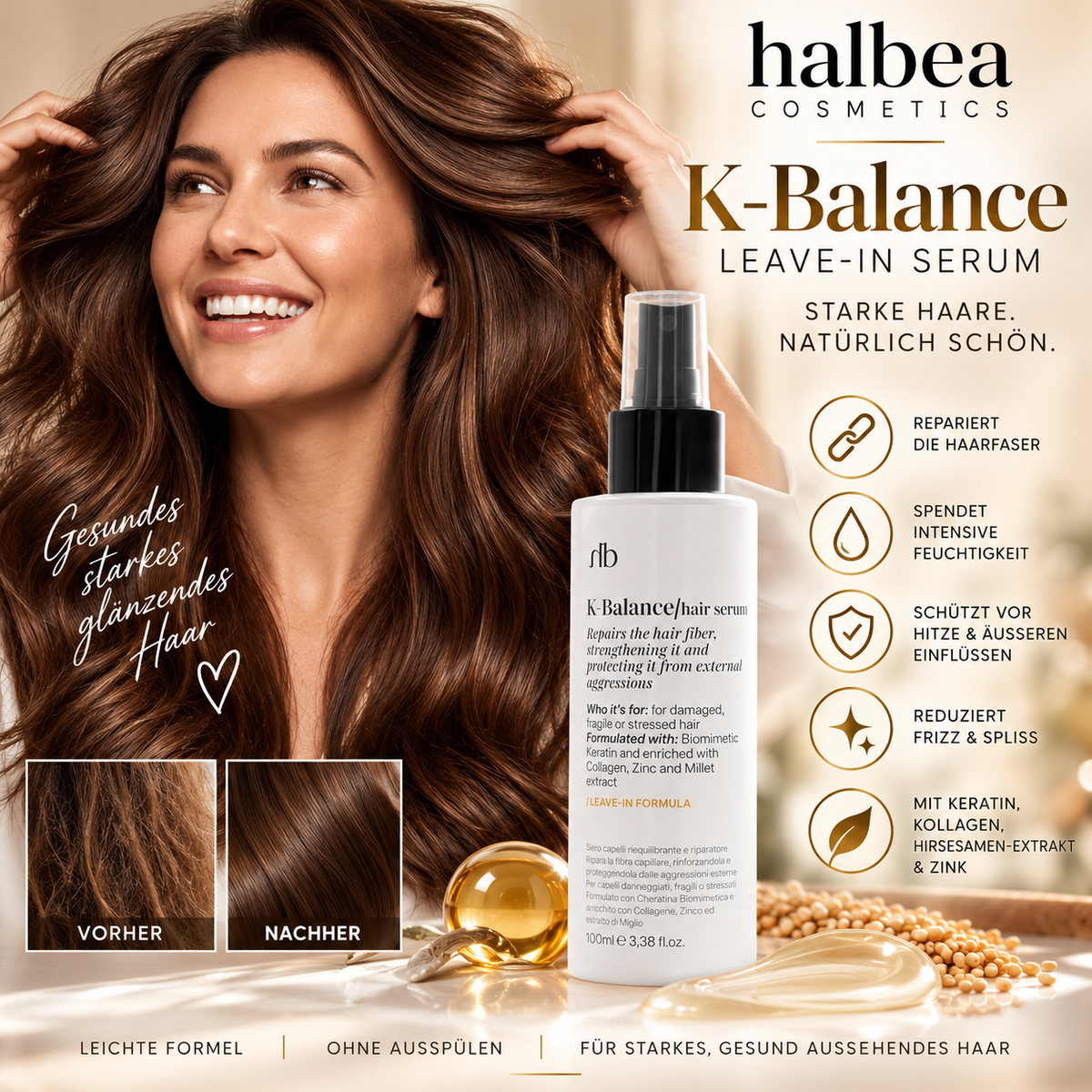 Halbea - K-Balance - Leave-In Haarserum Pflege mit Keratin + Kollagen - vegan