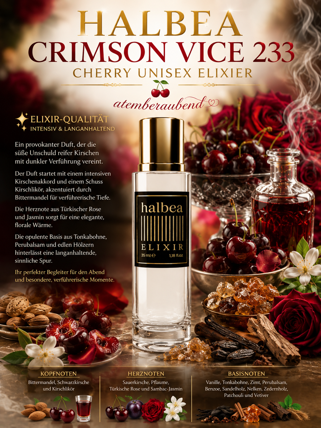 Crimson Vice Halbea 233 Luxus Unisex Elixir Verlorene Kirsche Orientalisch Gourmand Duft für besondere Momente intensiv & langanhaltend