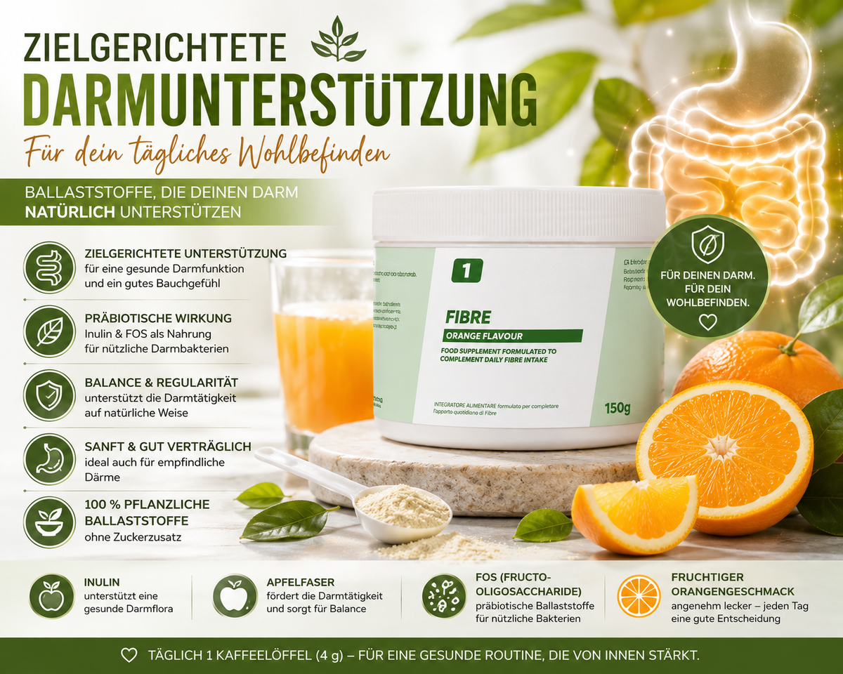 ONE Supplements - Fibre Ballaststoff-Komplex Darm Unterstützung mit Inulin Apfelfaser und FOS - Orangengeschmack