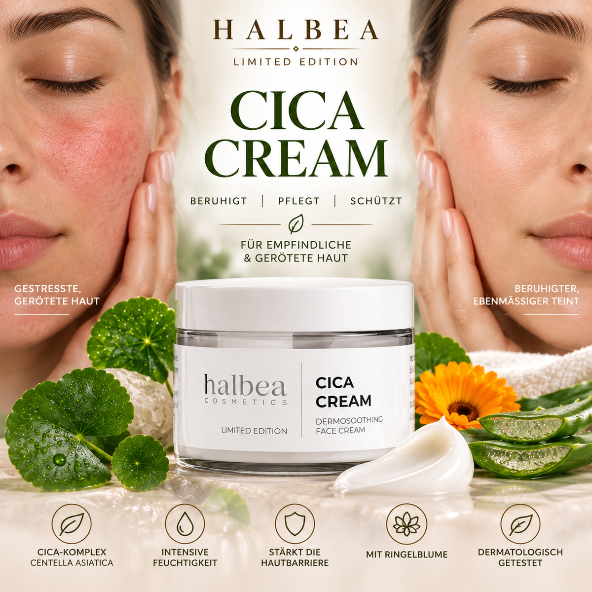 Halbea CICA Cream - SOS Gesichtscreme für empfindliche gerötete Haut - Limited Edition