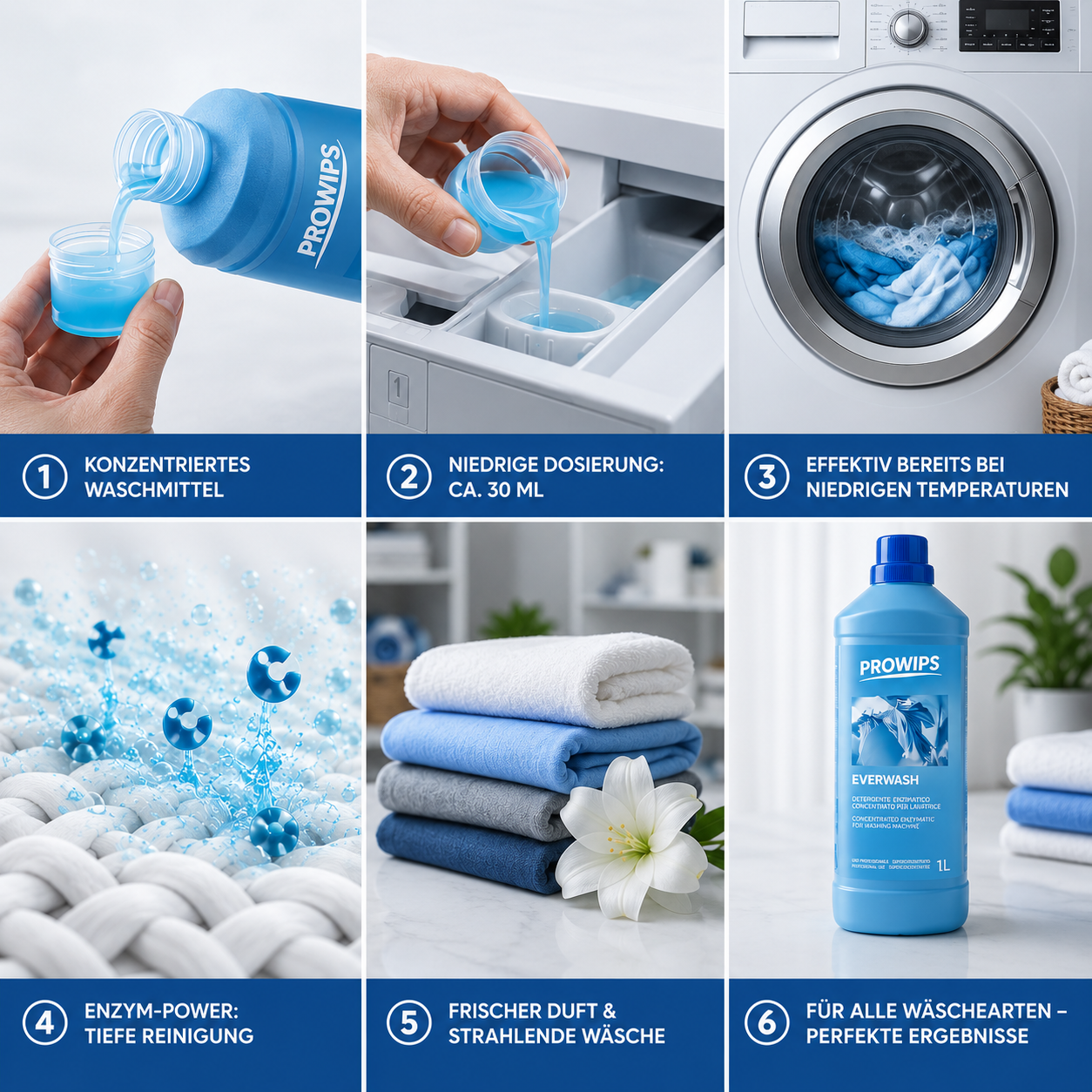 PROWIPS Everwash – Enzymatisches Waschmittelkonzentrat - Frischer Duft 1L