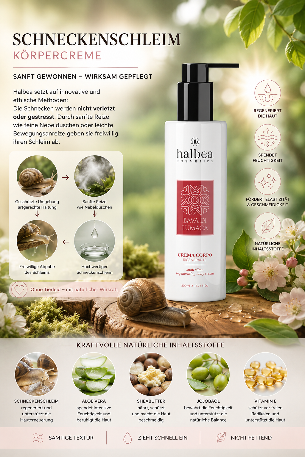 Halbea Bava di Lumaca Körpercreme – Regenerierende Premium Körperpflege mit Schneckenschleim 200ml