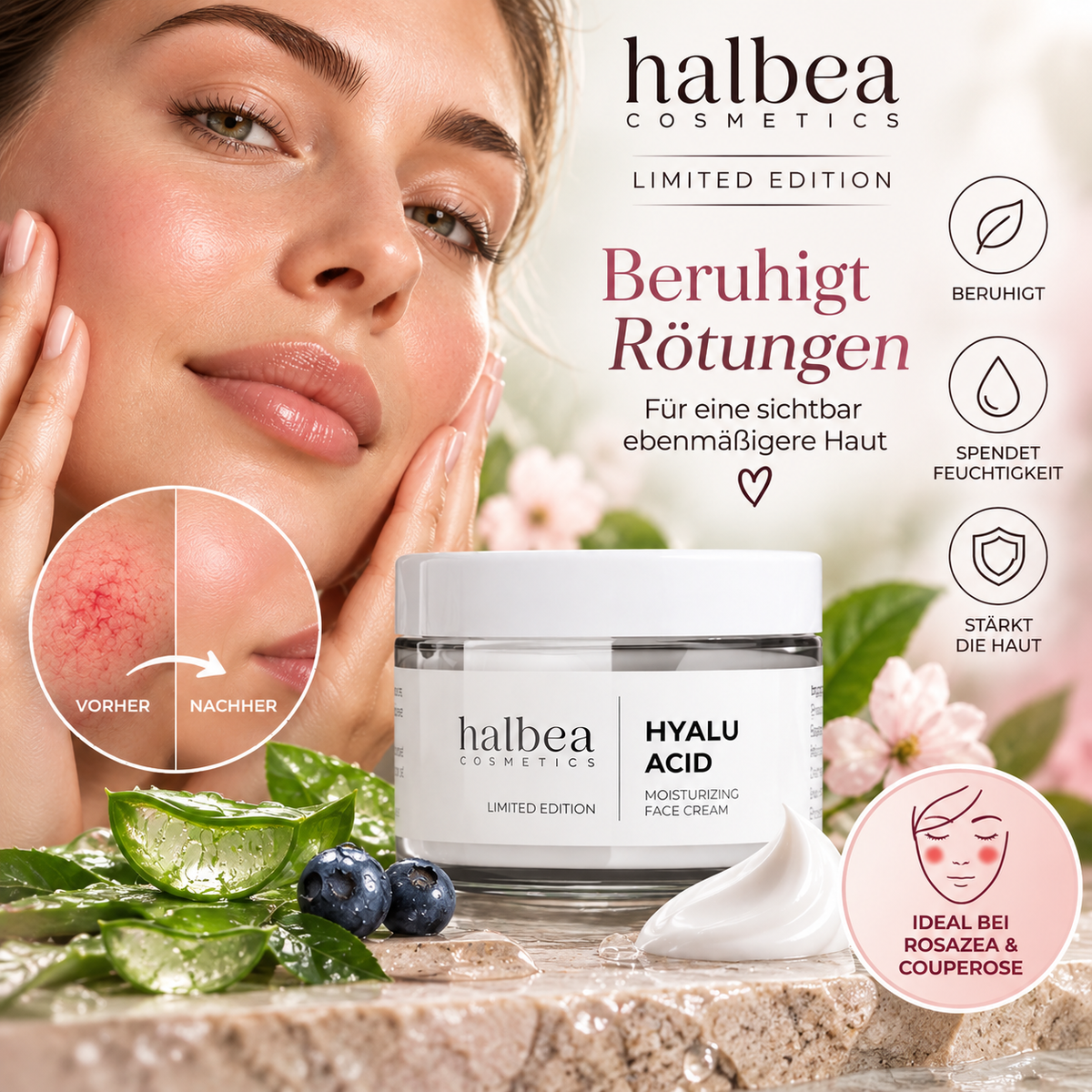 Hyalu Acid Halbea - Gesichtscreme für empfindliche Haut - Rosazea Couperose - 50ml
