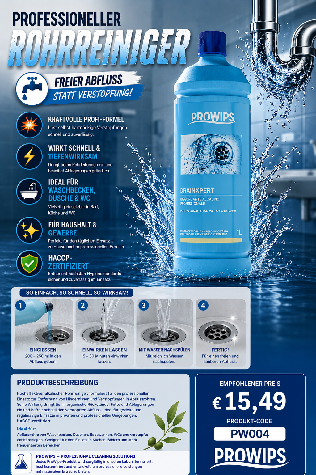 PROWIPS - Drainxpert - Professioneller alkalischer Rohrreiniger - 1L