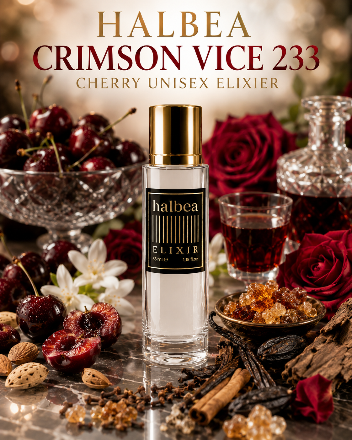 Crimson Vice Halbea 233 Luxus Unisex Elixir Verlorene Kirsche Orientalisch Gourmand Duft für besondere Momente intensiv & langanhaltend
