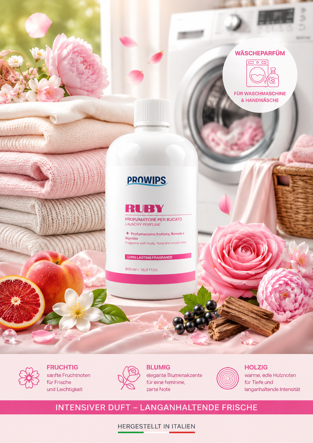PROWIPS Wäscheduft 💎 Parfüm für Waschmaschinen -  Frische + Pflege für Textilien 500ml  hochkonzentriert / vegan