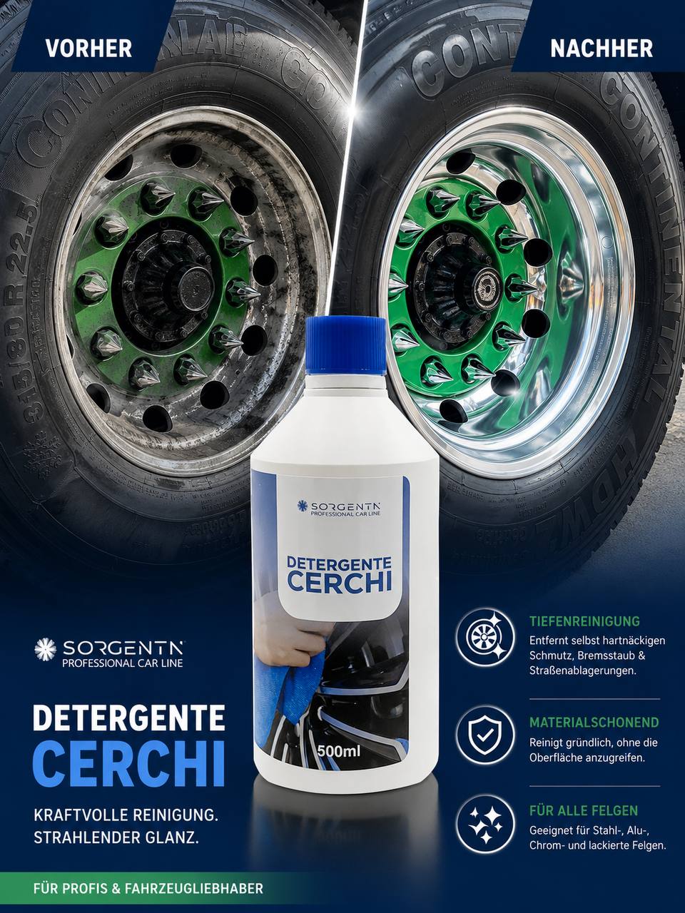 Sorgenta Professional Car Line - Cerchi Felgenreiniger – 500 ml effektiver Reiniger für Felgen & Radkappen