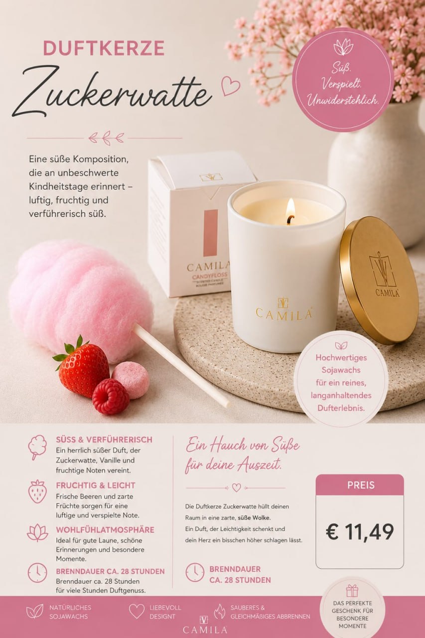Camila - Edle Duftkerze Zuckerwatte für gemütliche Stunden von Sorgenta