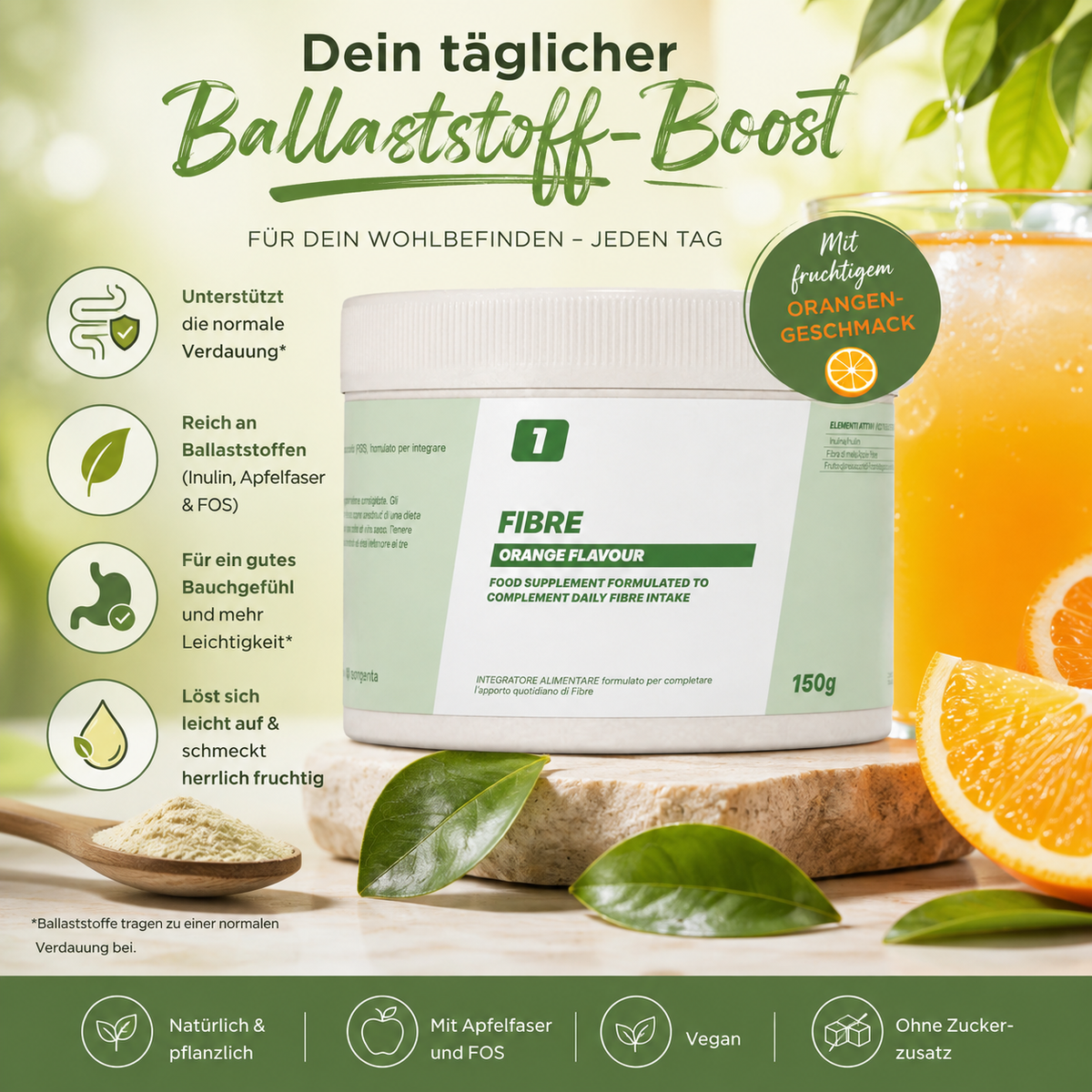 ONE Supplements - Fibre Ballaststoff-Komplex Darm Unterstützung mit Inulin Apfelfaser und FOS - Orangengeschmack