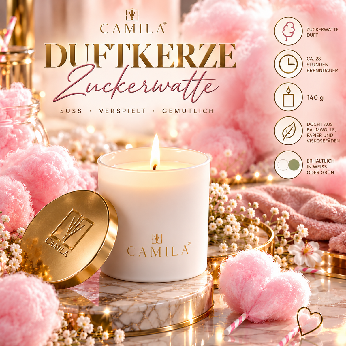 Camila - Edle Duftkerze Zuckerwatte für gemütliche Stunden von Sorgenta