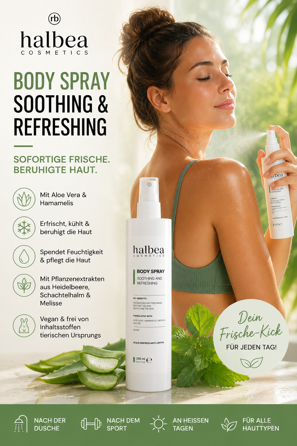 Halbea - Aloe Vera Erfrischendes und beruhigendes Körperwasser - 250ml