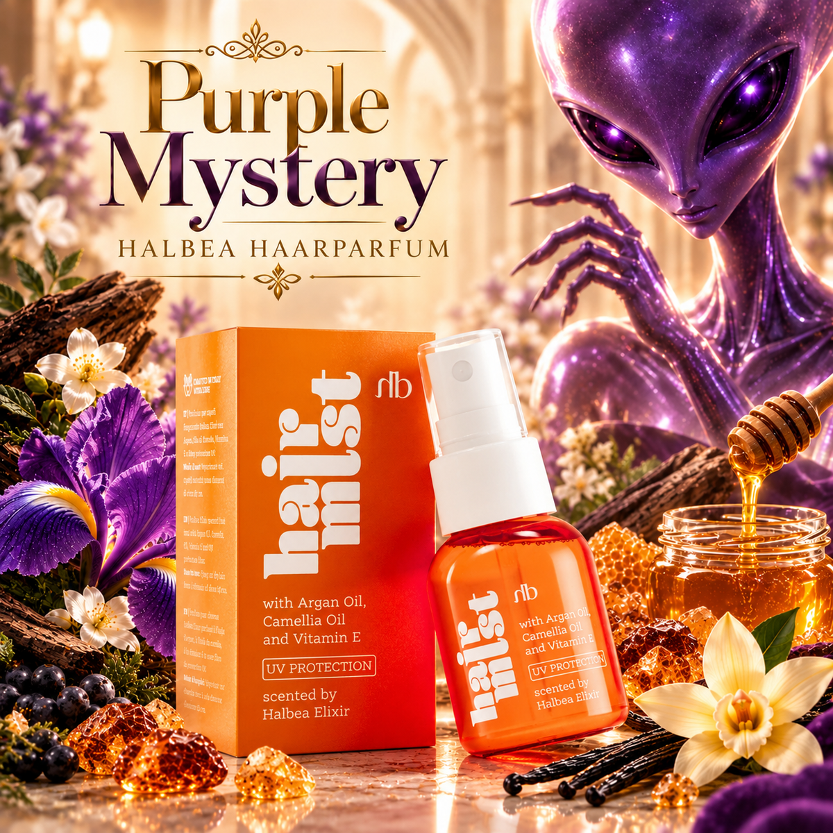 Halbea - Purple Mystery 22 - Hair Mist Haarparfüm mit UV-Schutz + Arganöl - Blumig – Holzig – Amber