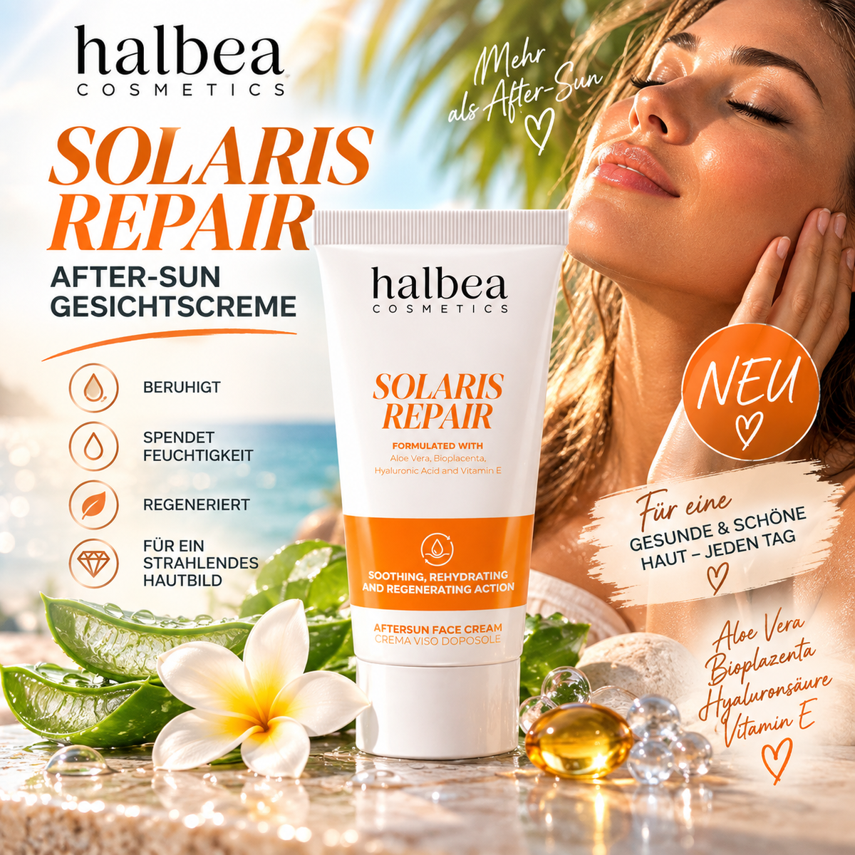 Halbea Solaris Repair - After-Sun + Pflege Gesichtscreme mit Aloe Vera, Hyaluron Vitamin E - 80ml vegan