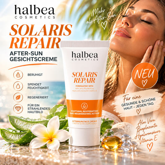 Halbea Solaris Repair - After-Sun + Pflege Gesichtscreme mit Aloe Vera, Hyaluron Vitamin E - 80ml vegan