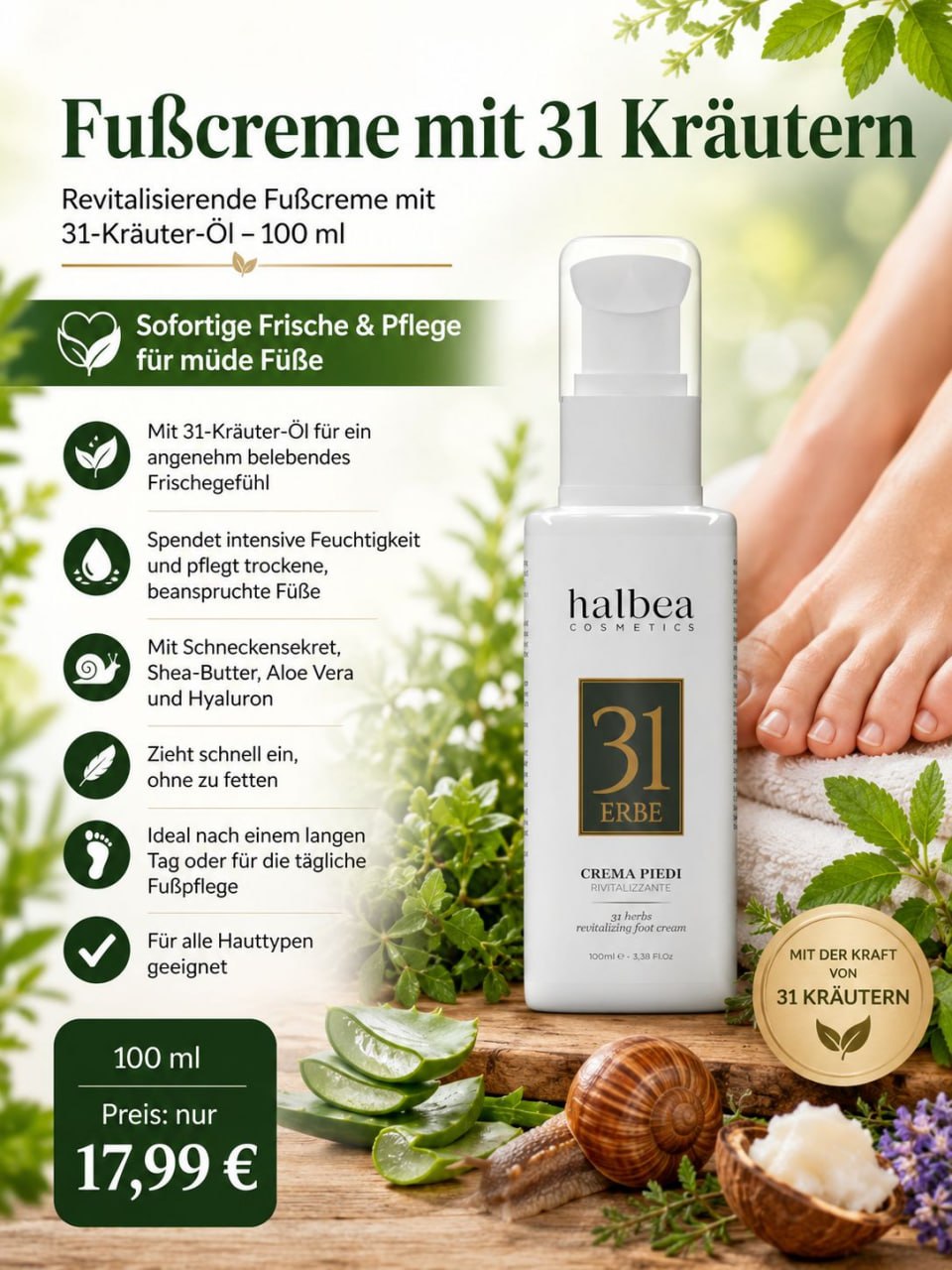 Halbea - Revitalisierende Fußcreme - 31-Kräuter-Öl - gegen müde Füße 100ml