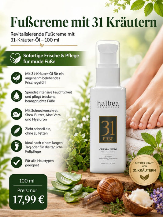 Halbea - Revitalisierende Fußcreme - 31-Kräuter-Öl - gegen müde Füße 100ml