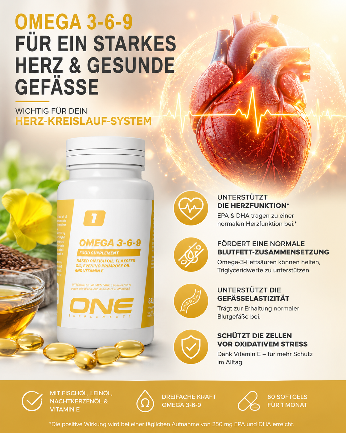 ONE Supplements Omega 3-6-9 – Omega-Fettsäuren mit EPA, DHA & Vitamin E für Herz und Zellschutz - 60 Softgel-Kapseln