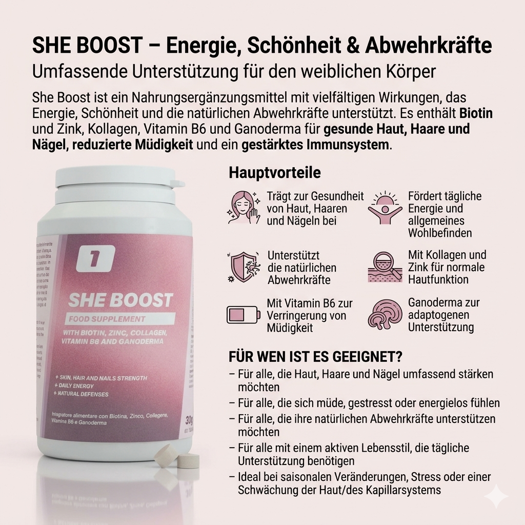 SHE BOOST - Premium Beauty- & Energie-Supplement mit Collagen B6 Zink