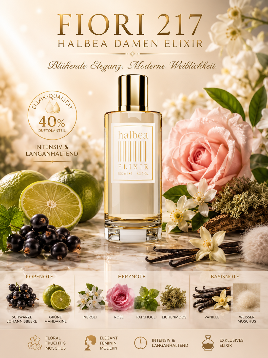 Fiori Halbea 217 - Luxus Damen Elixir - floral fruchtig - Blühende Eleganz. Moderne Weiblichkeit.
