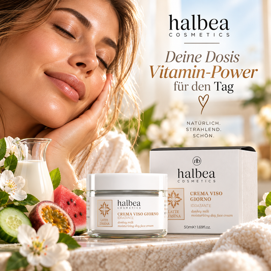 Halbea - Eselsmilch Feuchtigkeitsspendende Tagesgesichtscreme - Vitamin Cocktail - für trockene und empfindliche Haut