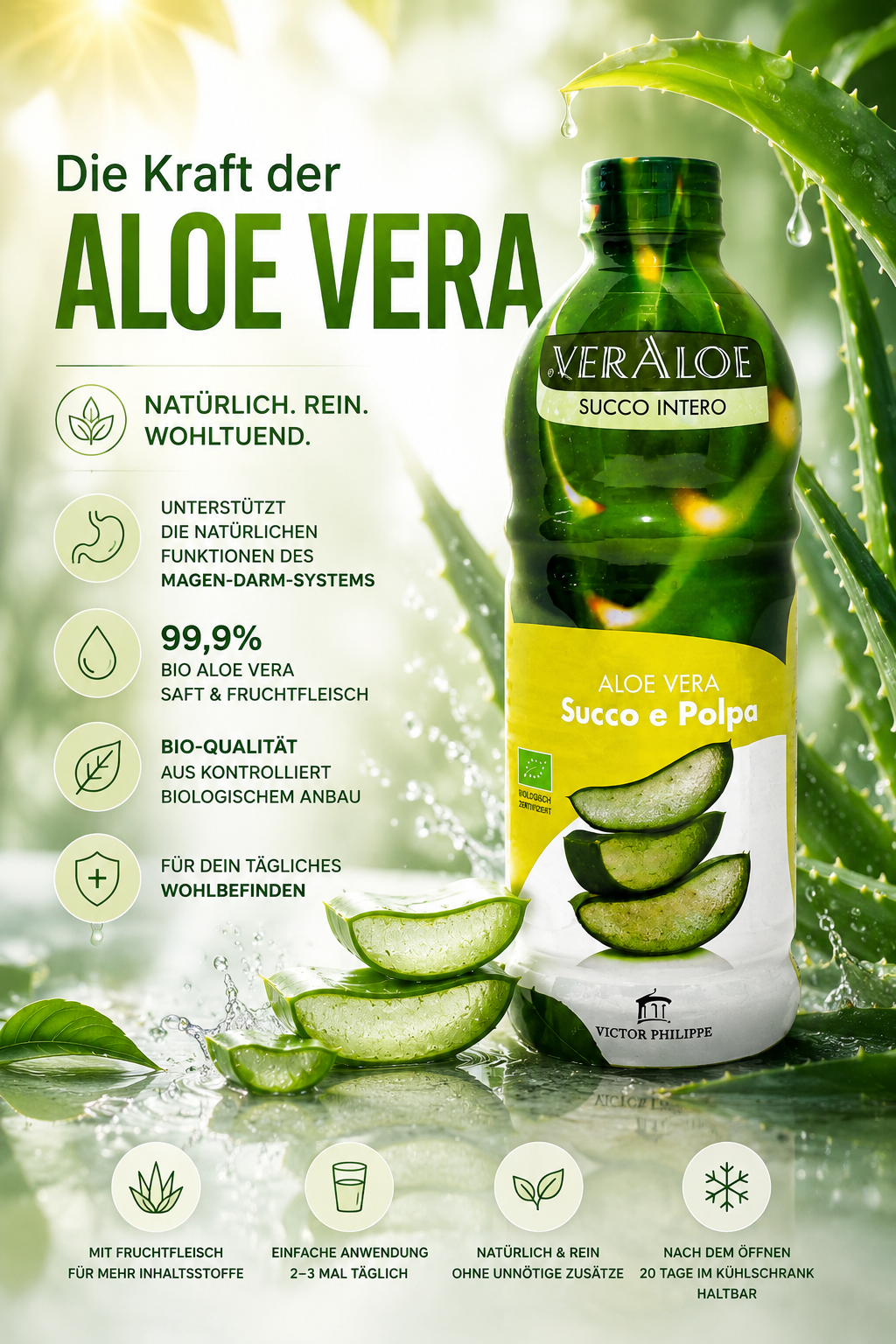 Bio Aloe Vera Saft 99,9 % mit Fruchtfleisch – Natürliche Unterstützung für das Magen-Darm-System