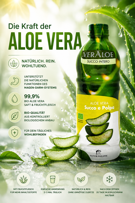 Bio Aloe Vera Saft 99,9 % mit Fruchtfleisch – Natürliche Unterstützung für das Magen-Darm-System