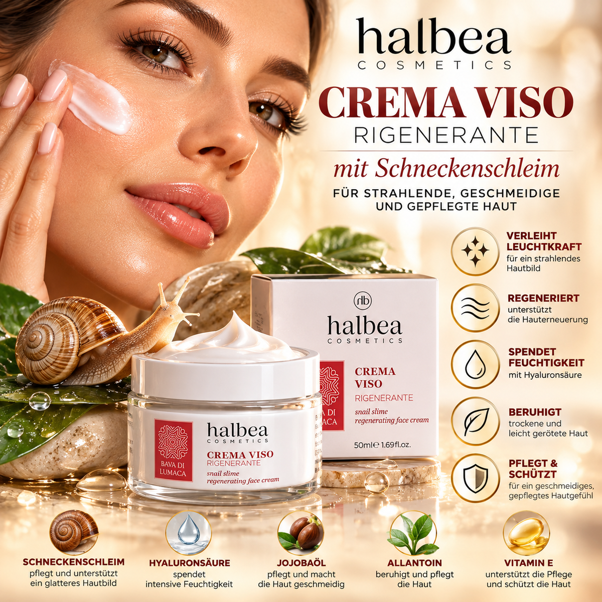 Halbea Gesichtscreme mit Schneckenschleim – Regenerierende Gesichtspflege - 50 ml
