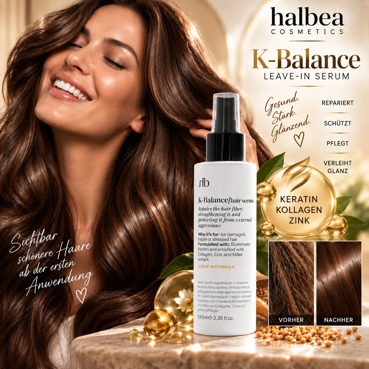 Halbea - K-Balance - Leave-In Haarserum Pflege mit Keratin + Kollagen - vegan
