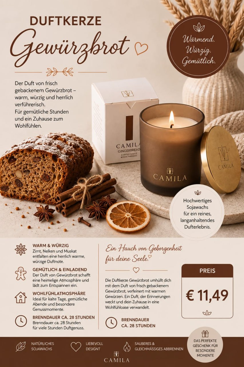 Camila - Edle Duftkerze Lebkuchen Gewürzbrot für gemütliche Stunden von Sorgenta