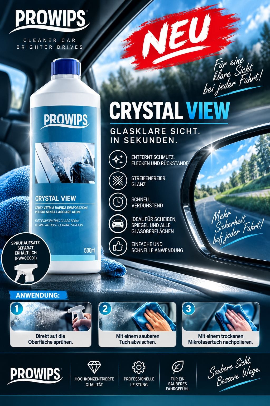 PROWIPS Crystal View - Schnell verdunstendes Glasreinigungsspray für Autos | 500 ml