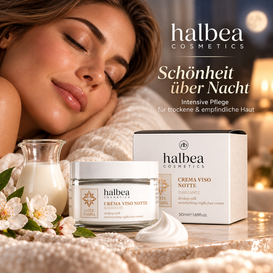 Halbea - Eselsmilch Feuchtigkeitsspendende Nachtgesichtscreme mit Vitaminen - für trockene und empfindliche Haut
