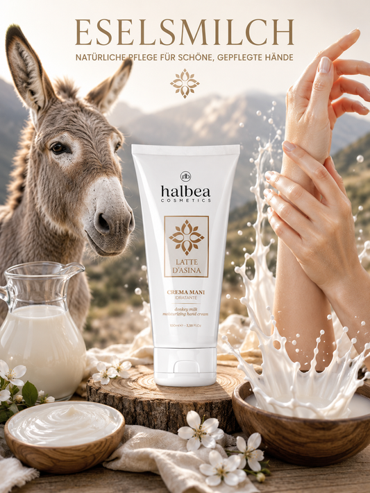 Halbea - Reichhaltige Feuchtigkeitsspendende Handcreme für samtweiche Hände mit Eselsmilch Vitaminen und Retinol - 100ml