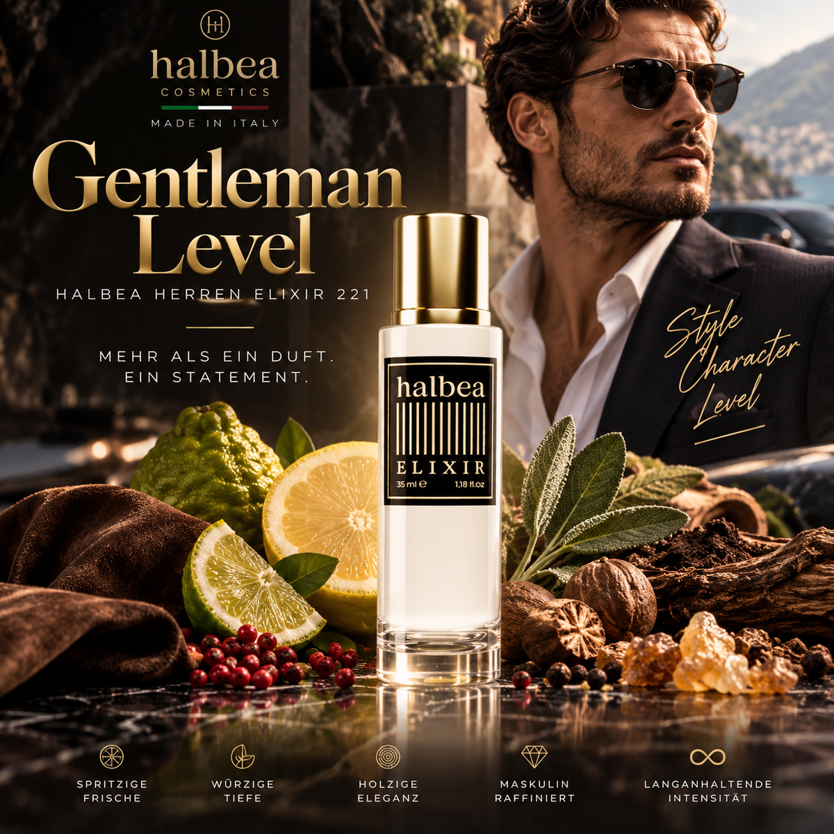 Gentleman Level – Halbea 221 - Luxus Herren Elixir - Signature Duft Holzig Würzig