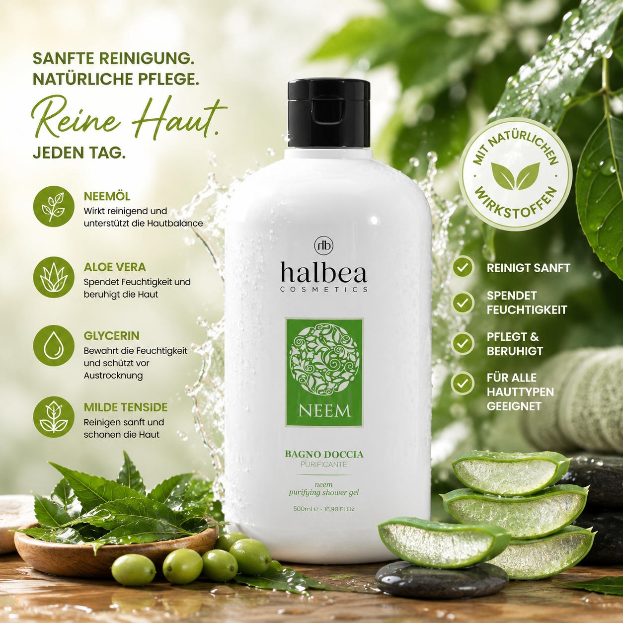 Halbea Neem Duschgel – Reinigung & Feuchtigkeit für trockene Haut 500ml