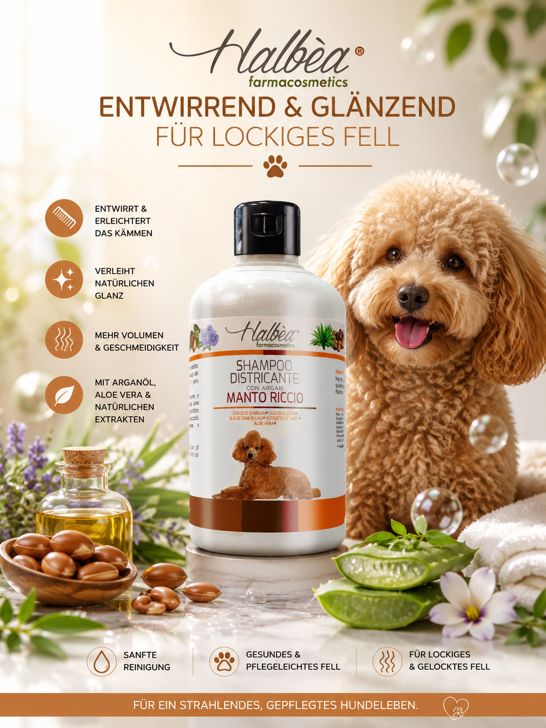 Halbea Premium Hunde-Shampoo mit Argan - Entwirrende Pflege für lockiges Fell