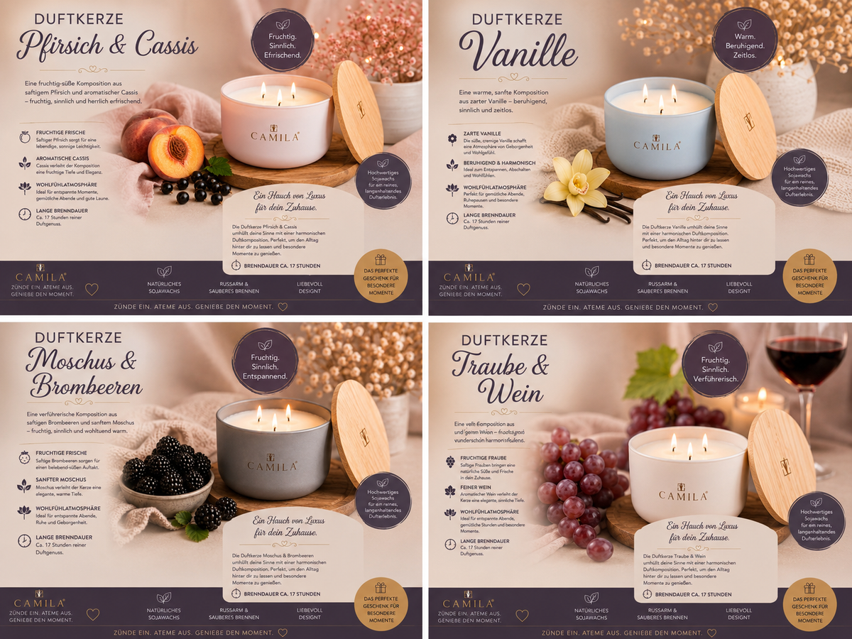 Camila - Edle 3-Docht Duftkerzen 170g Home Accessoires für gemütliche Abende