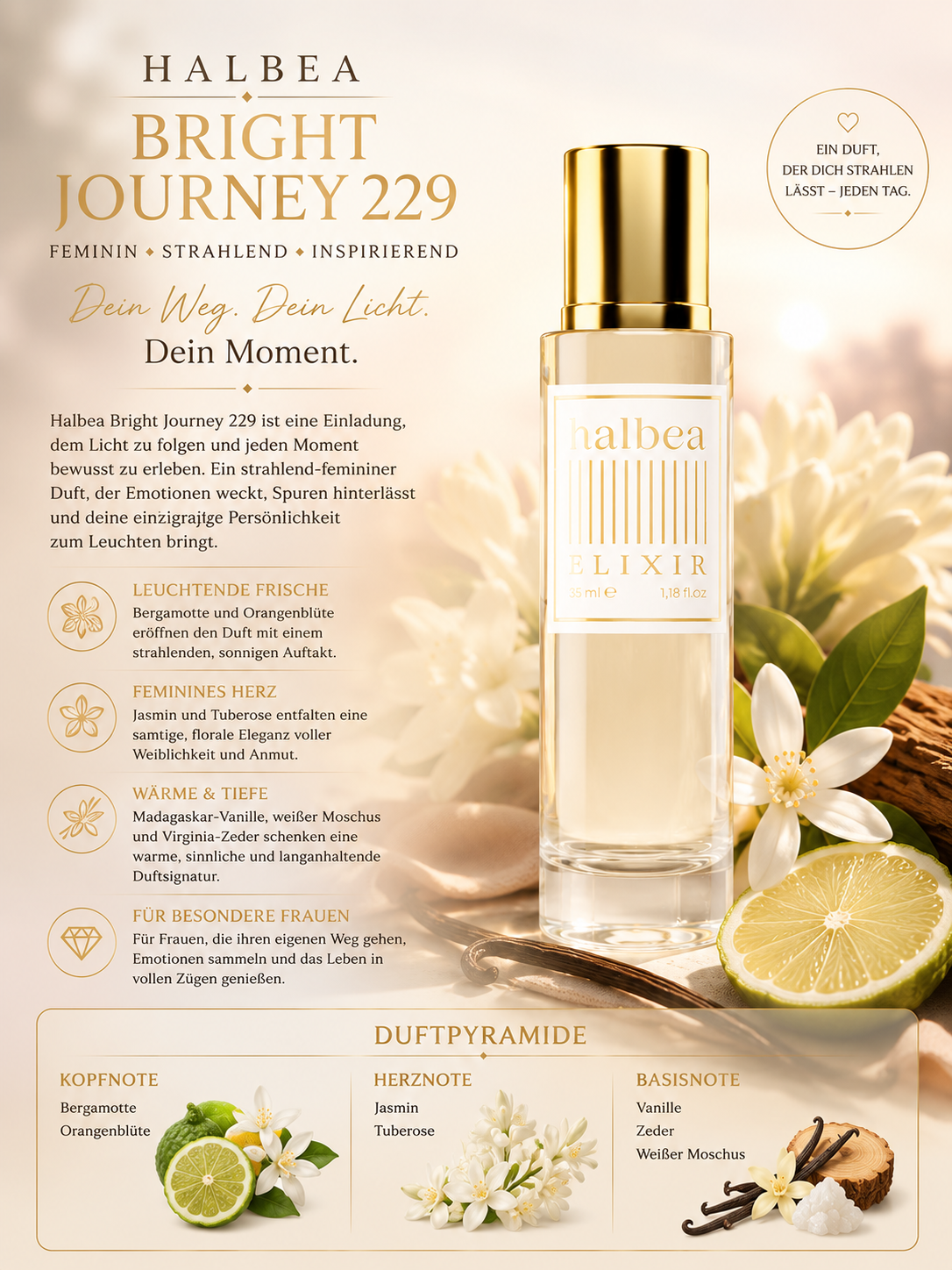 Bright Journey - Halbea 229 - Luxus Damen Elixir Duft - Blumig Frisch mit Vanille