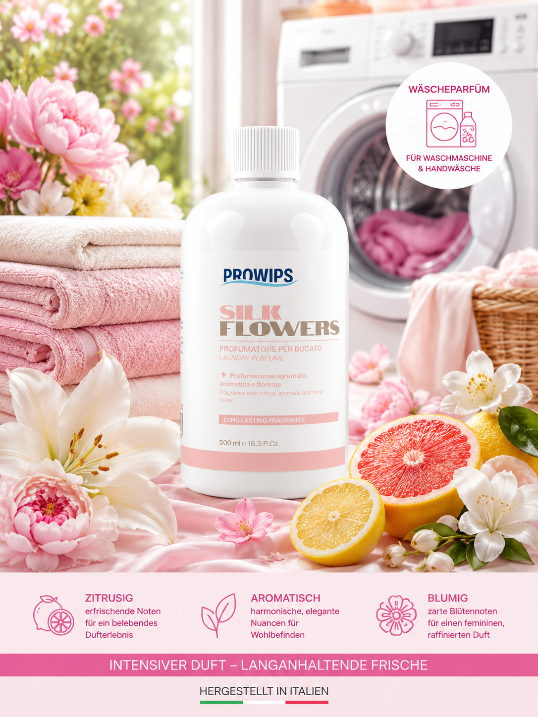 PROWIPS Wäscheduft 💎 Parfüm für Waschmaschinen -  Frische + Pflege für Textilien 500ml  hochkonzentriert / vegan