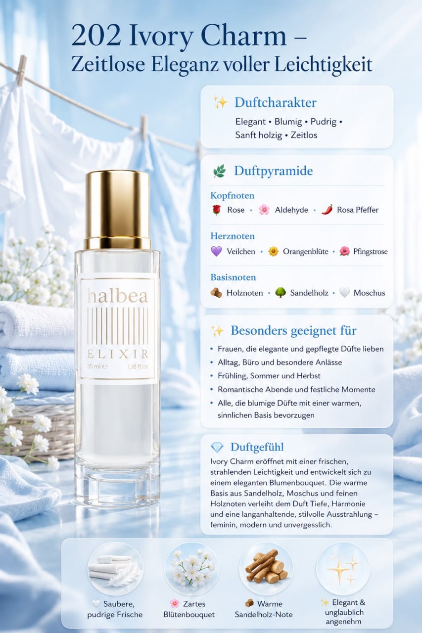 Frische Wäsche Duft - Ivory Charm 202 - Halbea Damen Elixir - Nischenduft - Blumig Sinnlich Elegant
