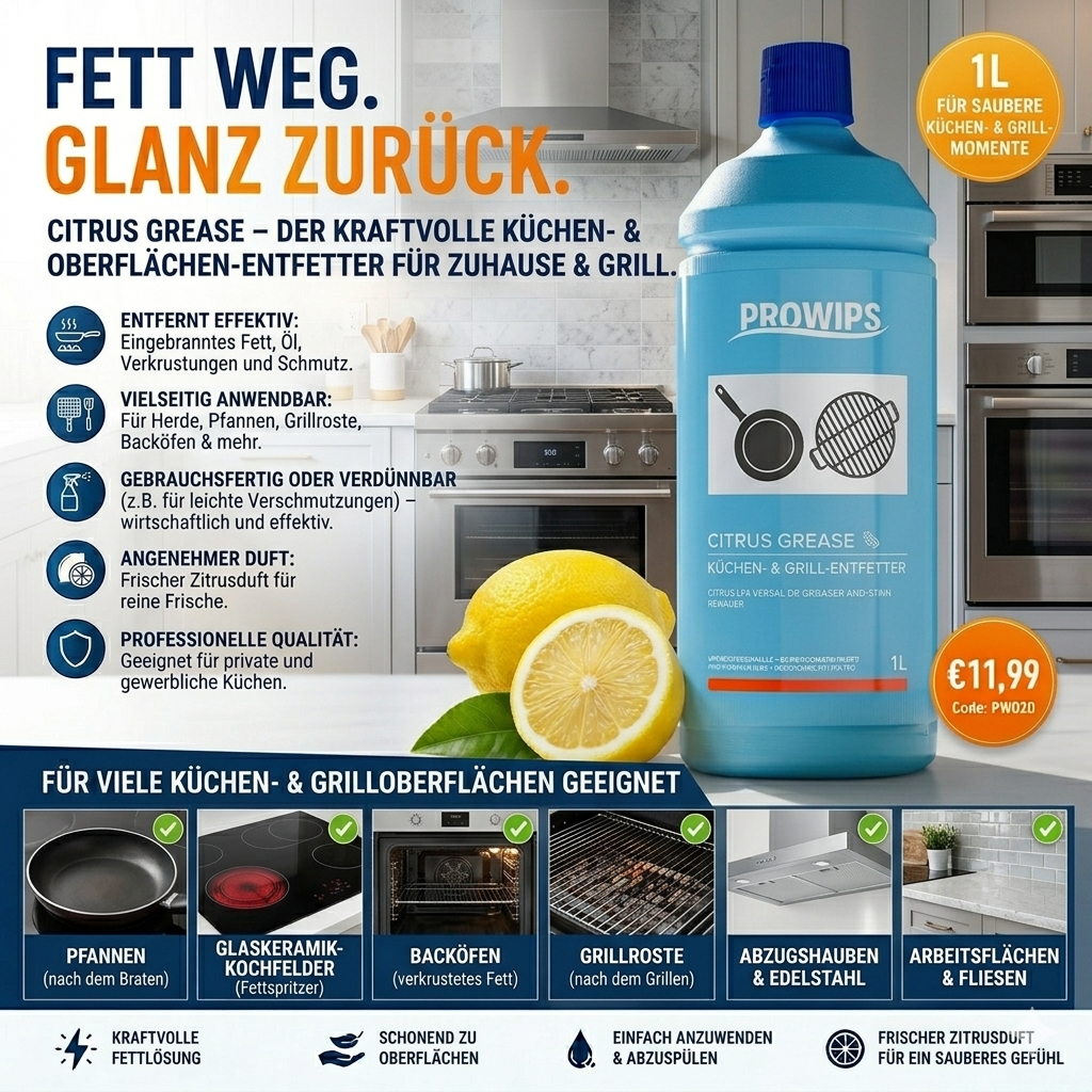 PROWIPS CITRUS GREASE 💎 Profi Reiniger - MULTITALENT - FETTLÖSER + FLECKENREINIGER HCCAP hochkonzentriert