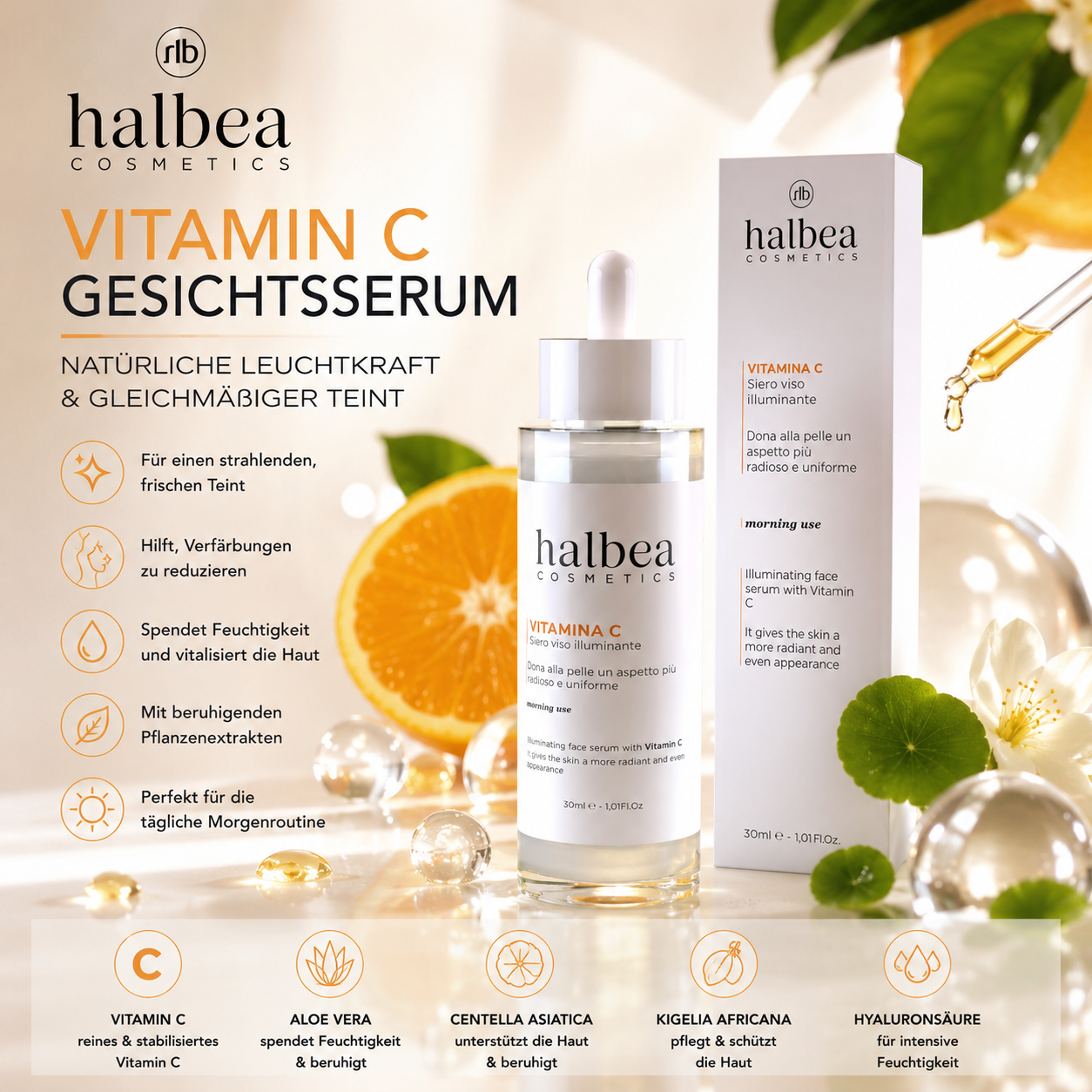 Halbea Vitamin C Aufhellendes Gesichtserum gegen Pigmentflecken - strahlenden Glow - 30ml
