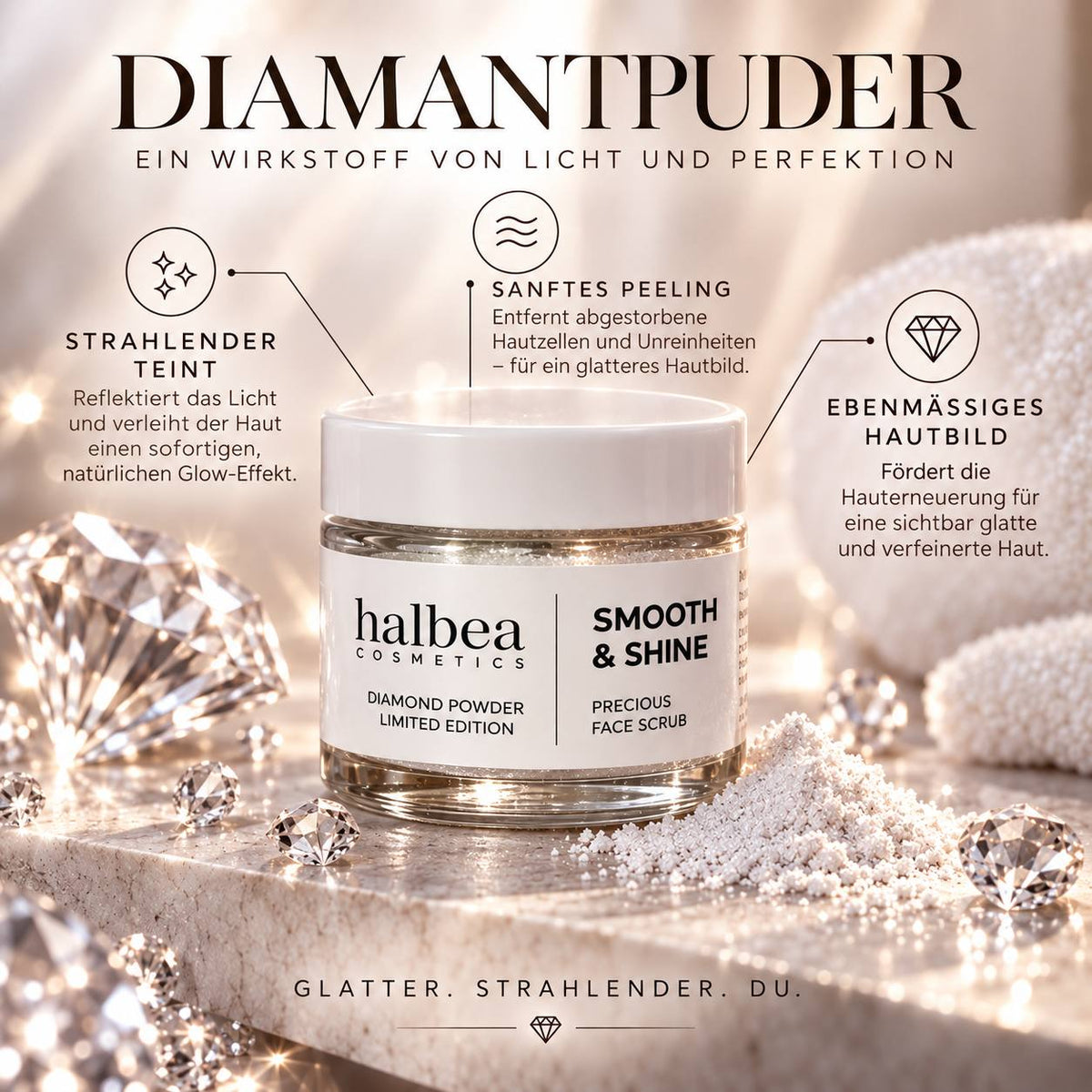 Halbea Cosmetics Diamond Glow Limited Edition Gesichtsscrub Peeling 'Smooth&Shine' mit Diamantpulver 50ml für strahlende Haut